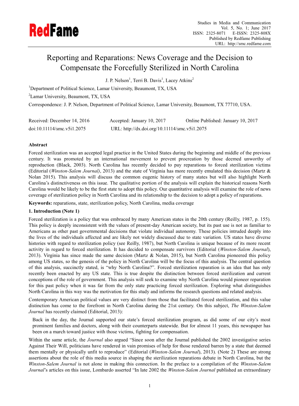 Reporting and Reparations: News Coverage and the Decision to Compensate the Forcefully Sterilized in North Carolina