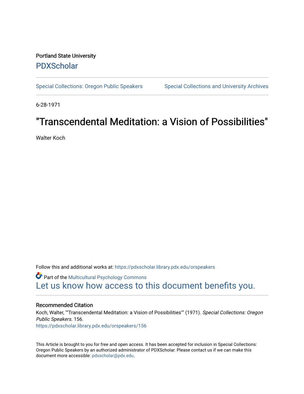 "Transcendental Meditation: a Vision of Possibilities"