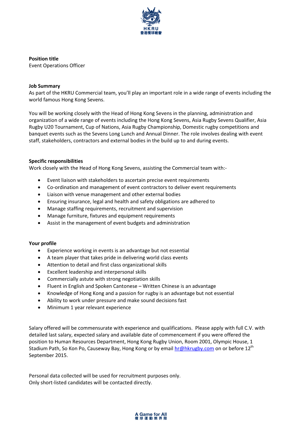 Position Title Event Operations Officer Job Summary As Part of the HKRU