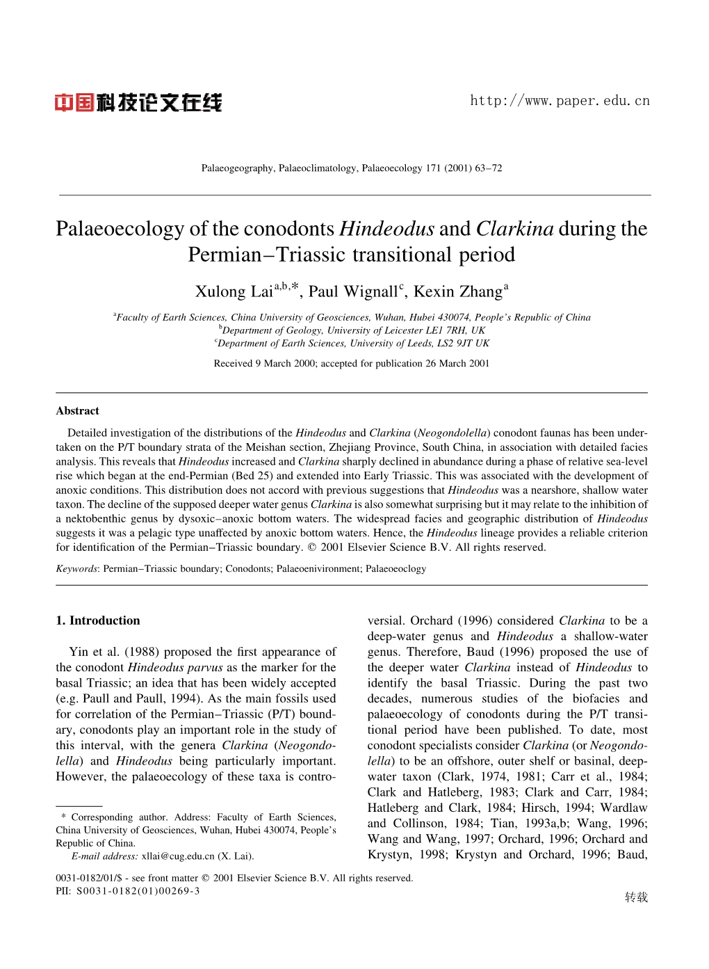 Palaeoecology of the Conodonts Hindeodus and Clarkina During the Permian±Triassic Transitional Period