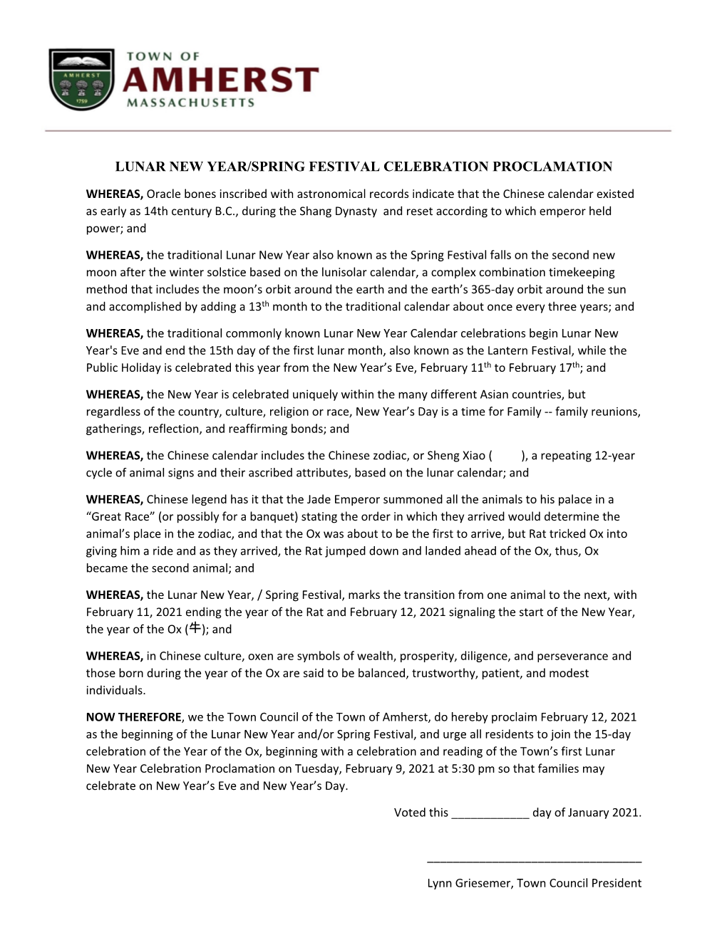 Lunar New Year/Spring Festival Celebration Proclamation