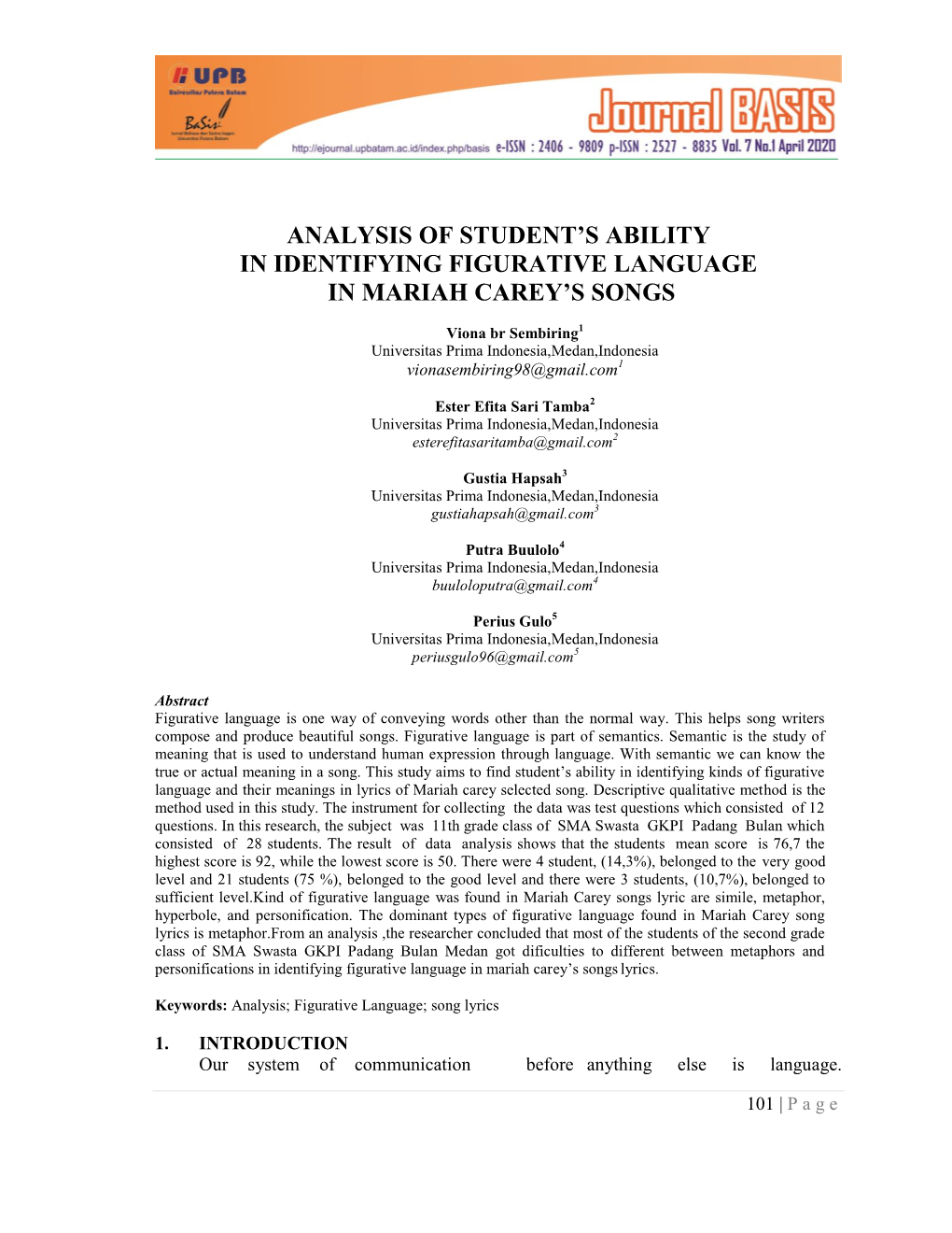 Analysis of Student's Ability in Identifying Figurative Language in Mariah Carey's Songs