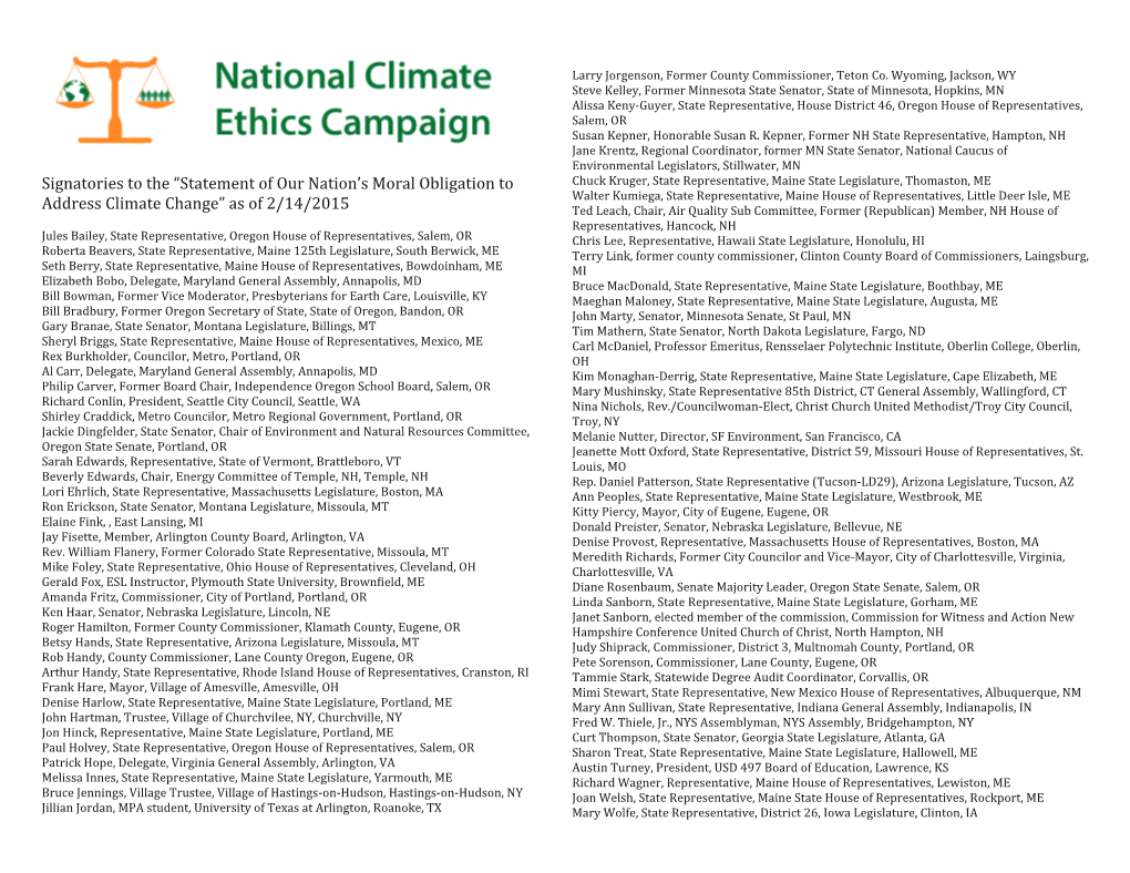 Signatories to the “Statement of Our Nation's Moral Obligation to Address Clima