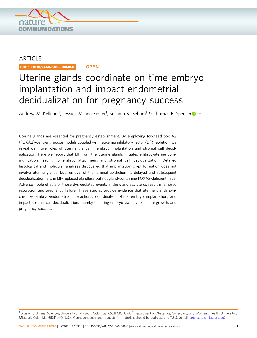 Uterine Glands Coordinate On-Time Embryo Implantation and Impact Endometrial Decidualization for Pregnancy Success