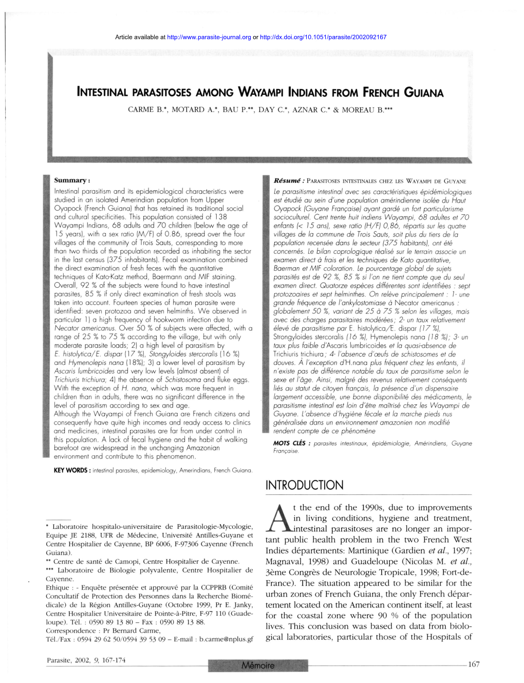 Intestinal Parasitoses Among Wayampi Indians from French Guiana