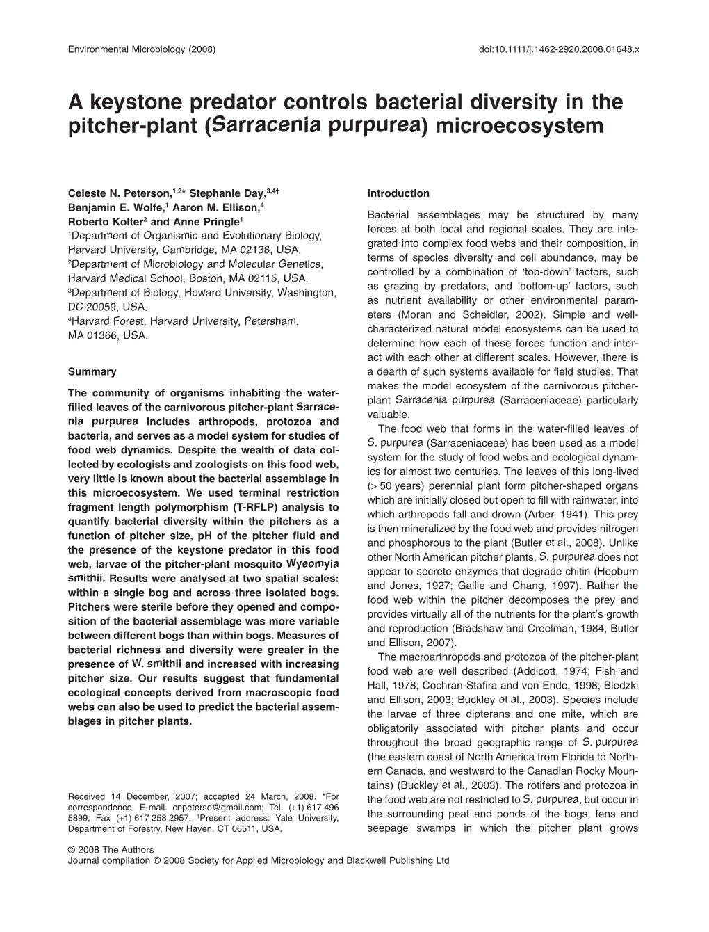 A Keystone Predator Controls Bacterial Diversity in the Pitcher-Plant (Sarracenia Purpurea) Microecosystem