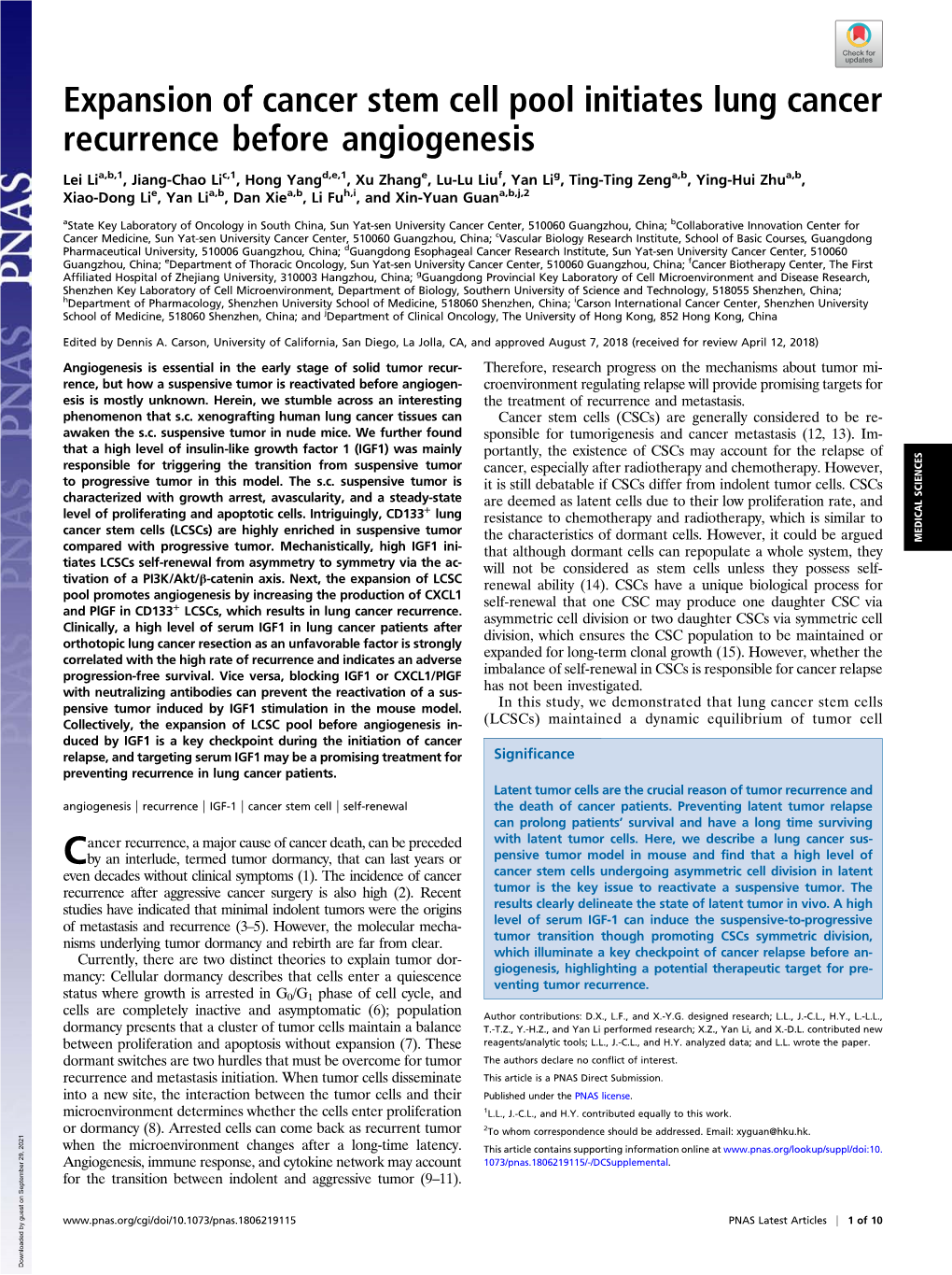 Expansion of Cancer Stem Cell Pool Initiates Lung Cancer Recurrence Before Angiogenesis