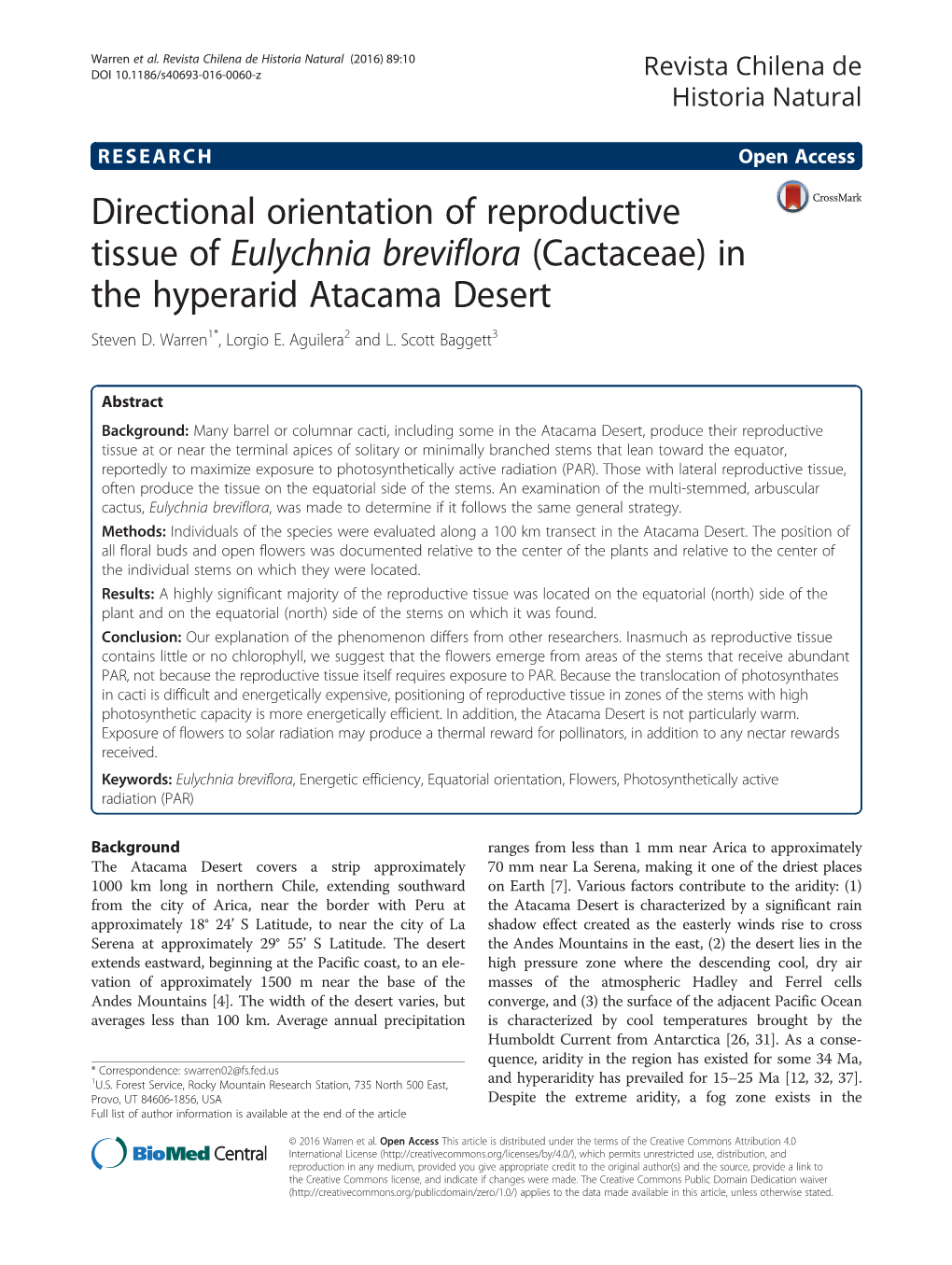 Directional Orientation of Reproductive Tissue of Eulychnia Breviflora (Cactaceae) in the Hyperarid Atacama Desert Steven D