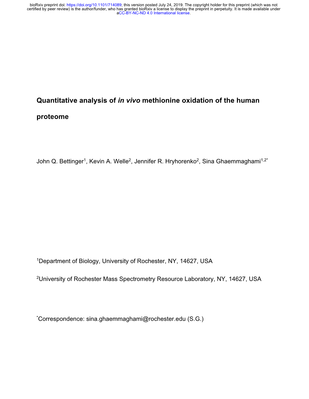 Quantitative Analysis of in Vivo Methionine Oxidation of the Human Proteome