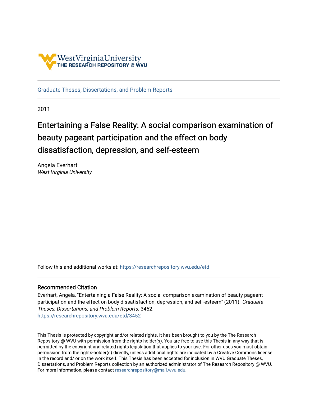 A Social Comparison Examination of Beauty Pageant Participation and the Effect on Body Dissatisfaction, Depression, and Self-Esteem