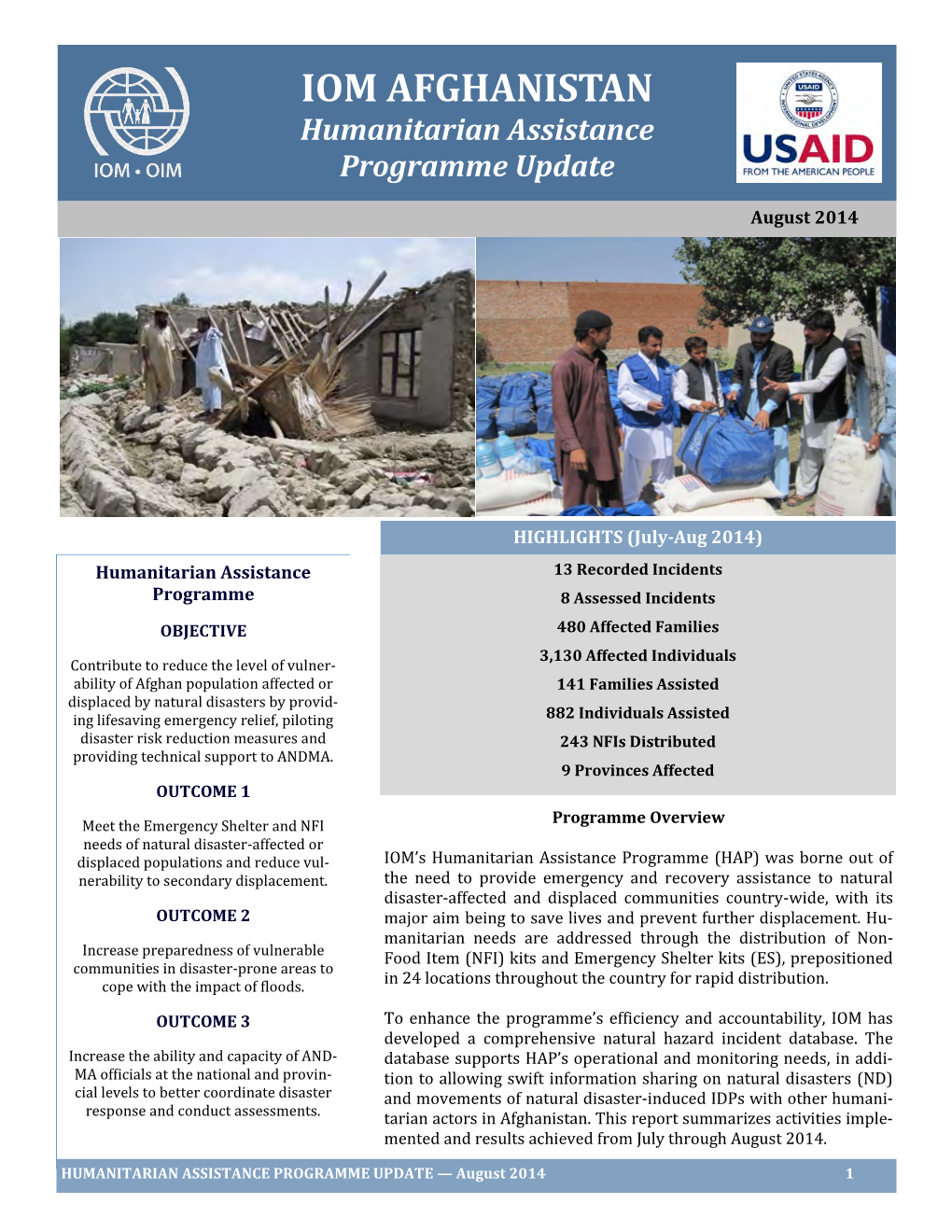 IOM AFGHANISTAN Humanitarian Assistance Programme Update