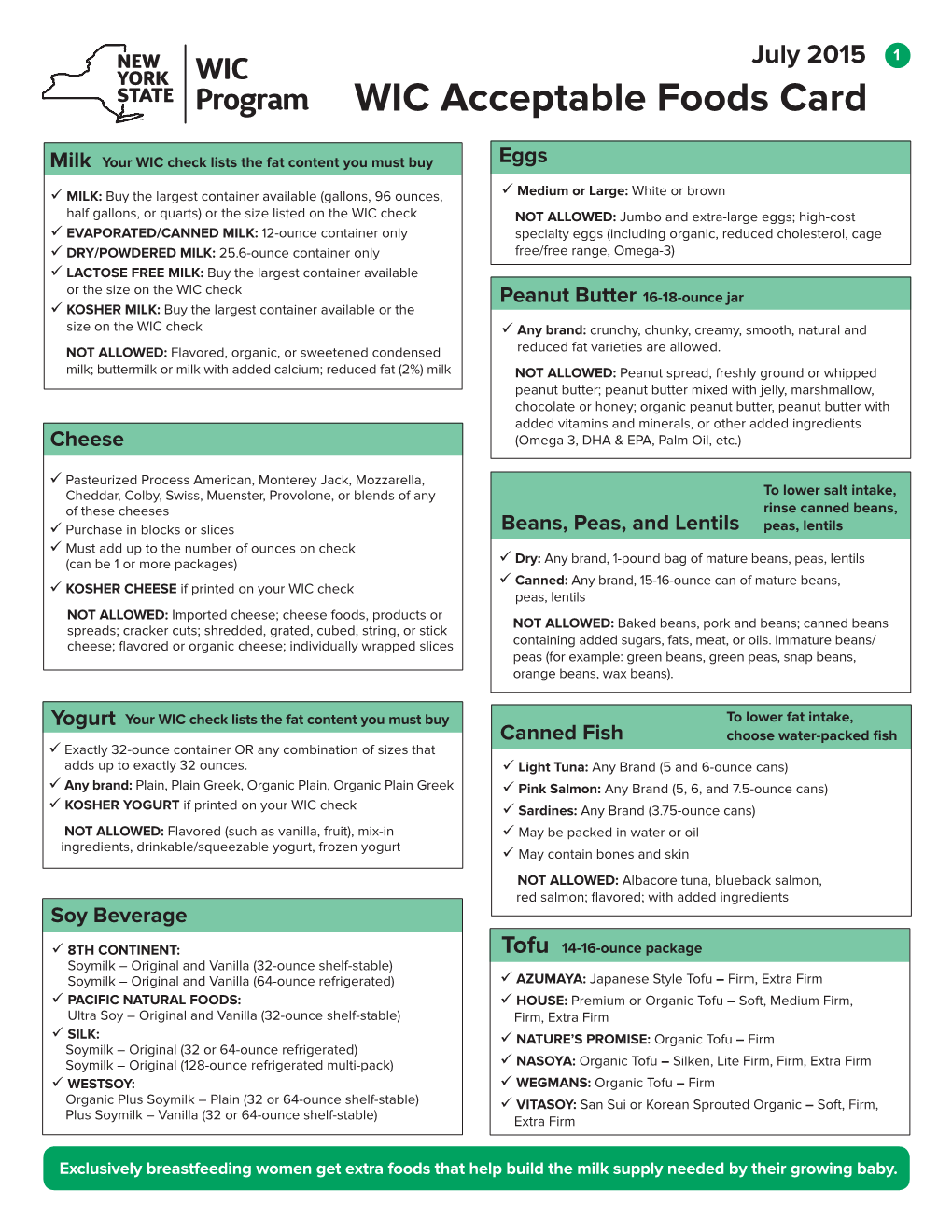 WIC Acceptable Foods Card