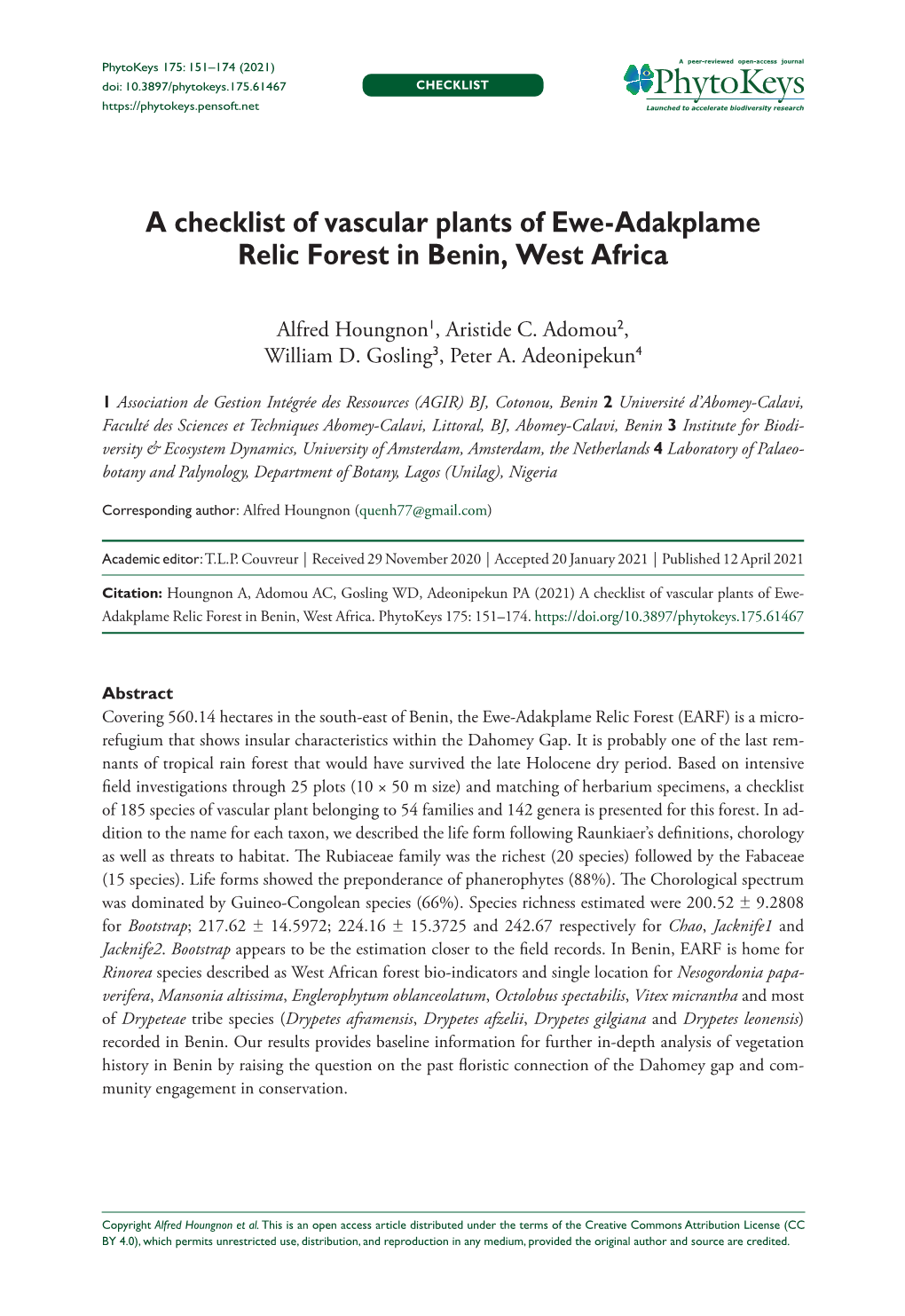 ﻿A Checklist of Vascular Plants of Ewe-Adakplame Relic Forest In