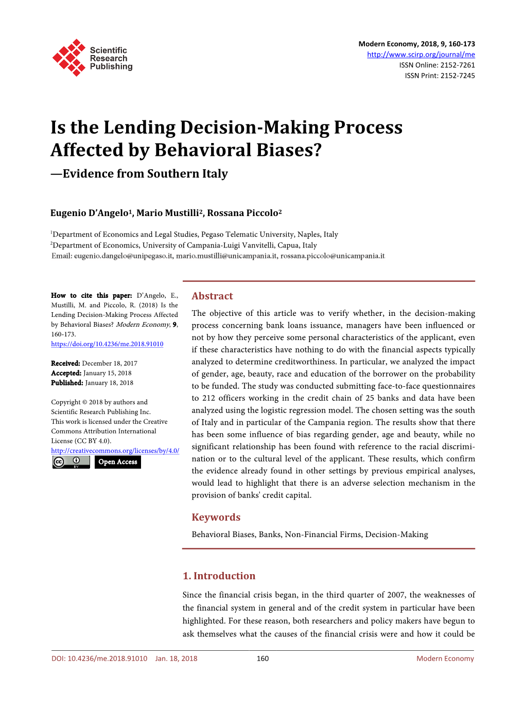 Is the Lending Decision-Making Process Affected by Behavioral Biases? —Evidence from Southern Italy