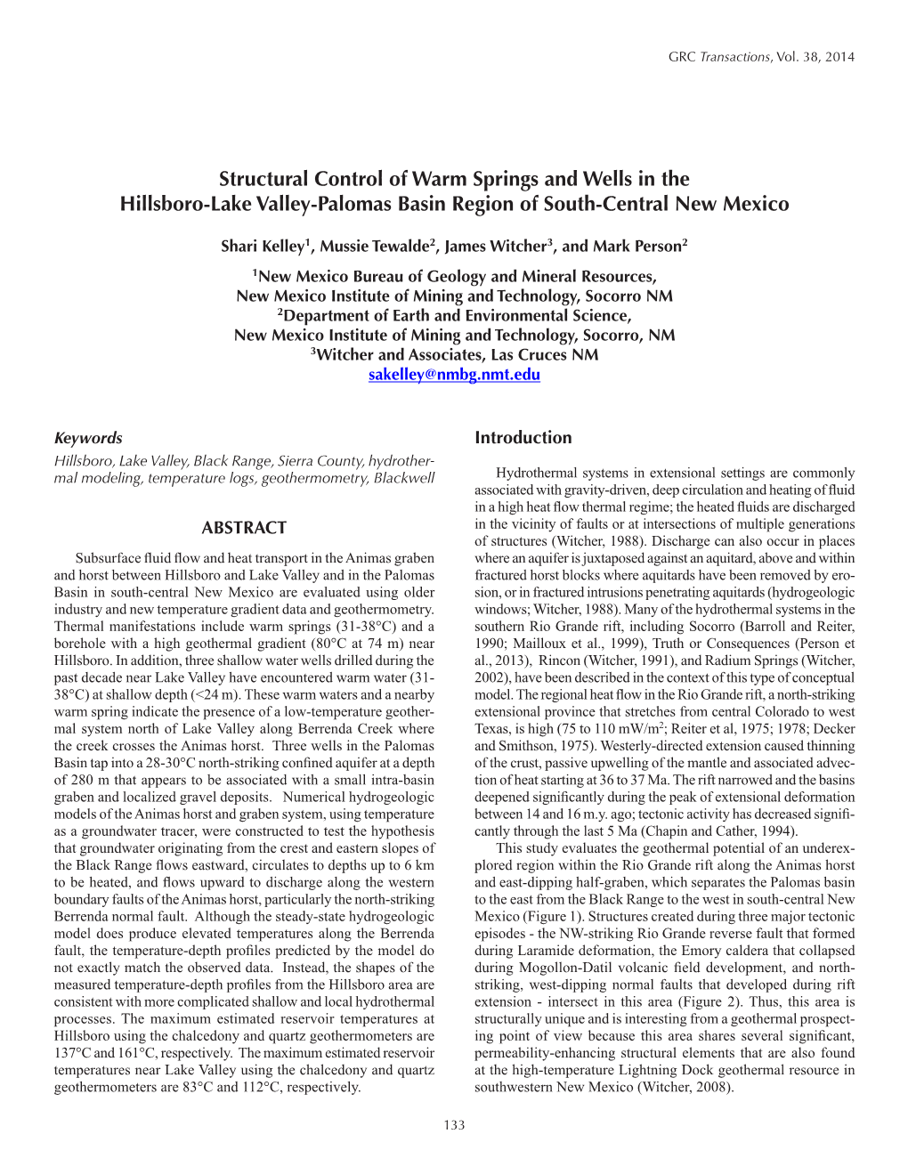 Structural Control of Warm Springs and Wells in the Hillsboro-Lake Valley-Palomas Basin Region of South-Central New Mexico