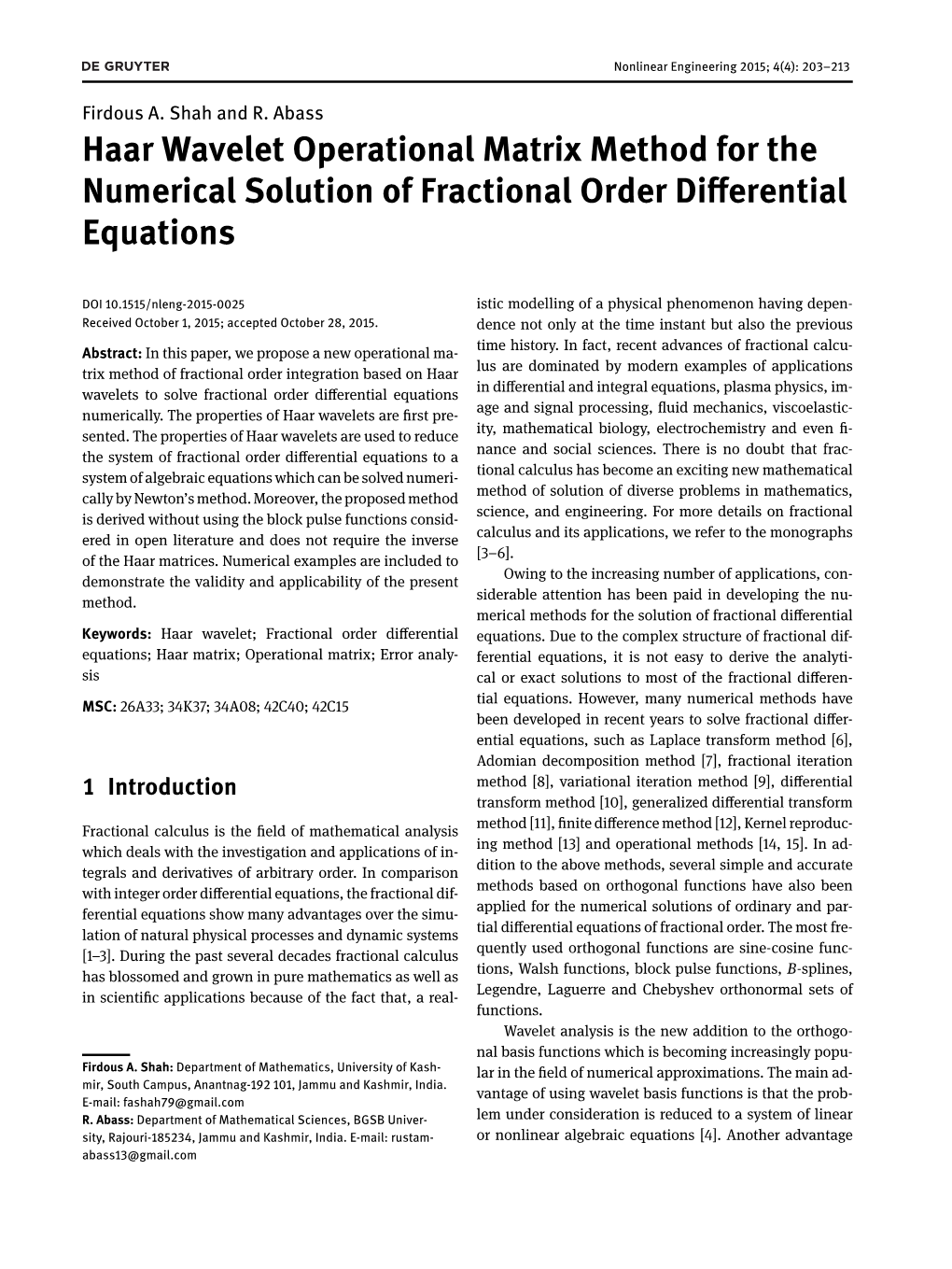 Haar Wavelet Operational Matrix Method for the Numerical Solution of Fractional Order Differential Equations
