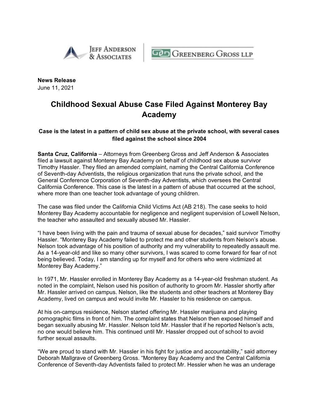 Childhood Sexual Abuse Case Filed Against Monterey Bay Academy