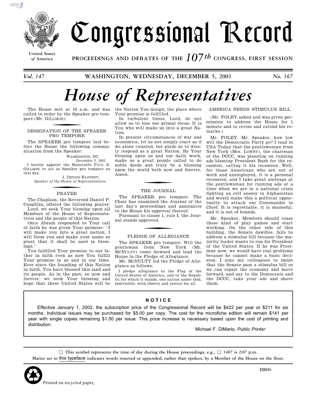 Congressional Record United States of America PROCEEDINGS and DEBATES of the 107Th CONGRESS, FIRST SESSION