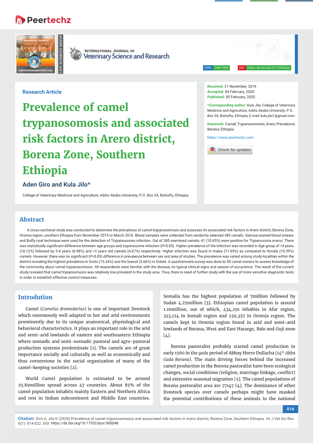 Prevalence of Camel Trypanosomosis and Associated Risk Factors in Arero District, Borena Zone, Southern Ethiopia