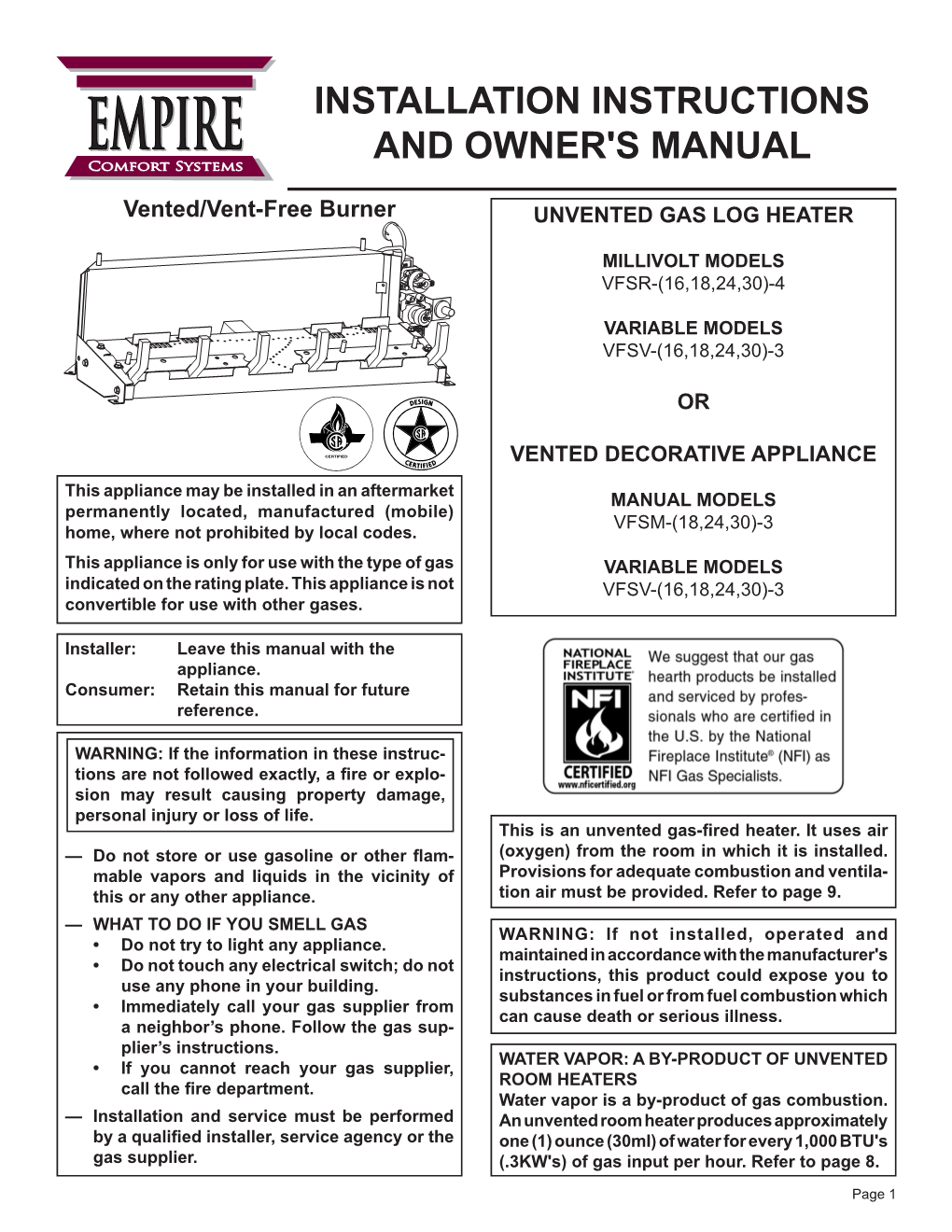 EMPIRE INSTALLATION Instructions Comfor T Systems and Owner's Manual