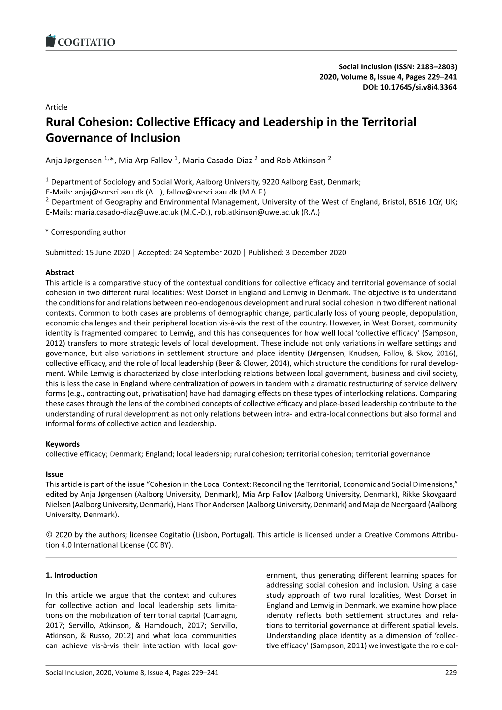 Collective Efficacy and Leadership in the Territorial Governance of Inclusion