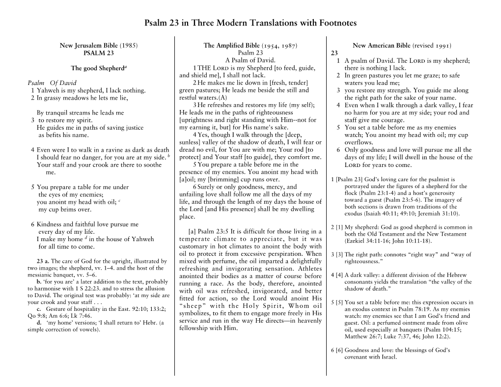 Psalm 23 in Three Modern Translations with Footnotes