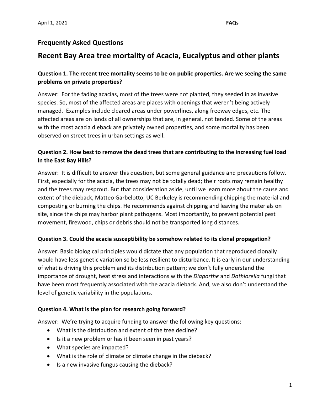 Recent Bay Area Tree Mortality of Acacia, Eucalyptus and Other Plants