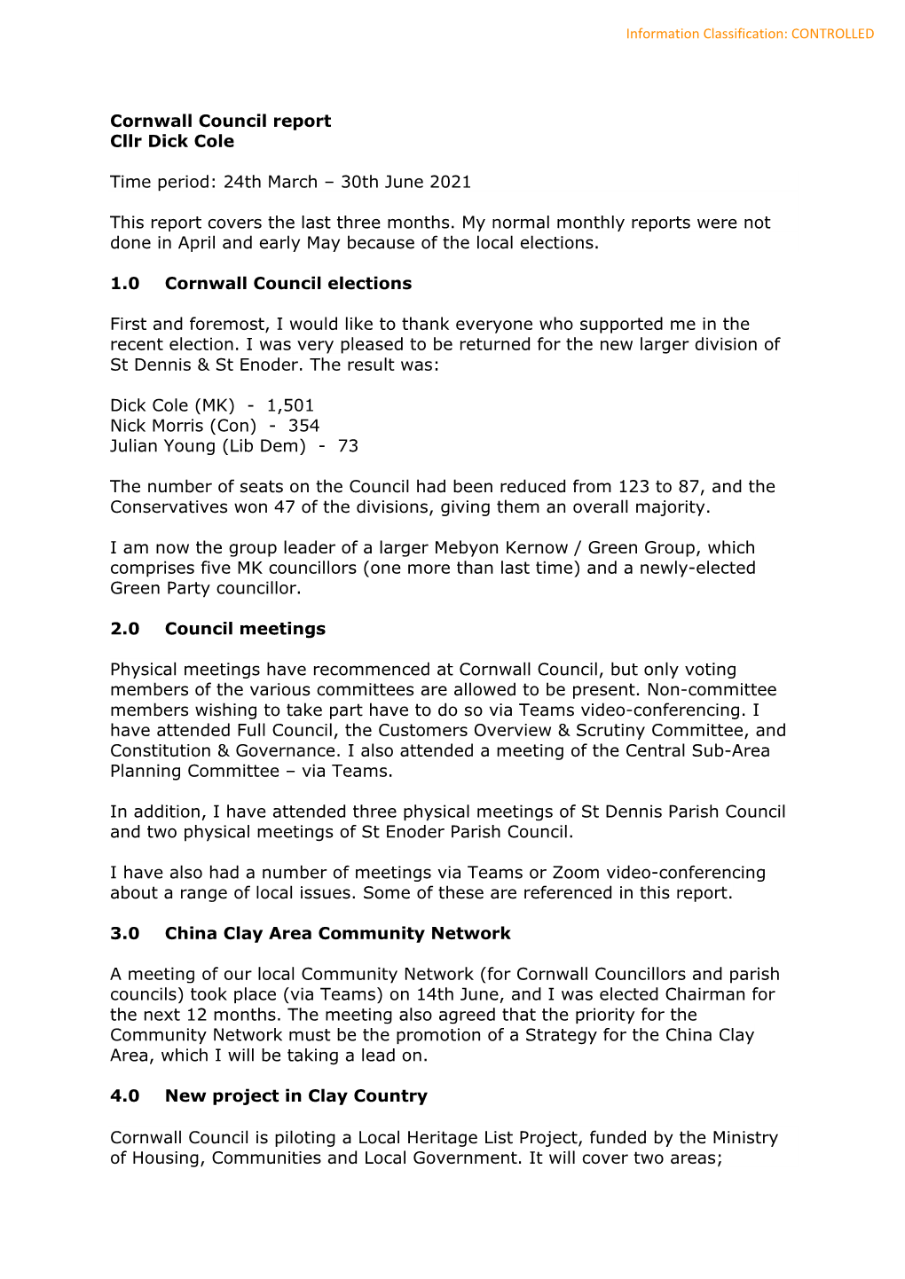Cornwall Council Report Cllr Dick Cole Time Period