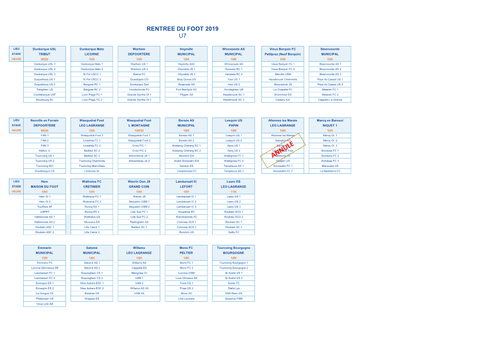 Plateaux U7 RDF 2019