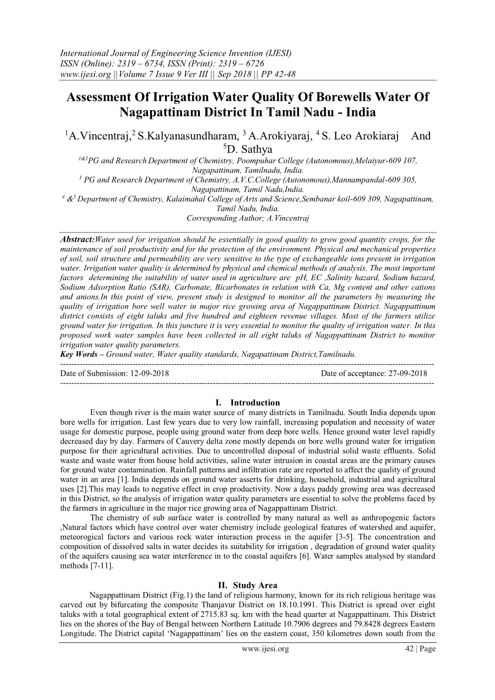 Assessment of Irrigation Water Quality of Borewells Water of Nagapattinam District in Tamil Nadu - India