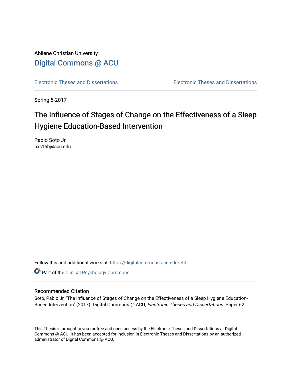 The Influence of Stages of Change on the Effectiveness of a Sleep Hygiene