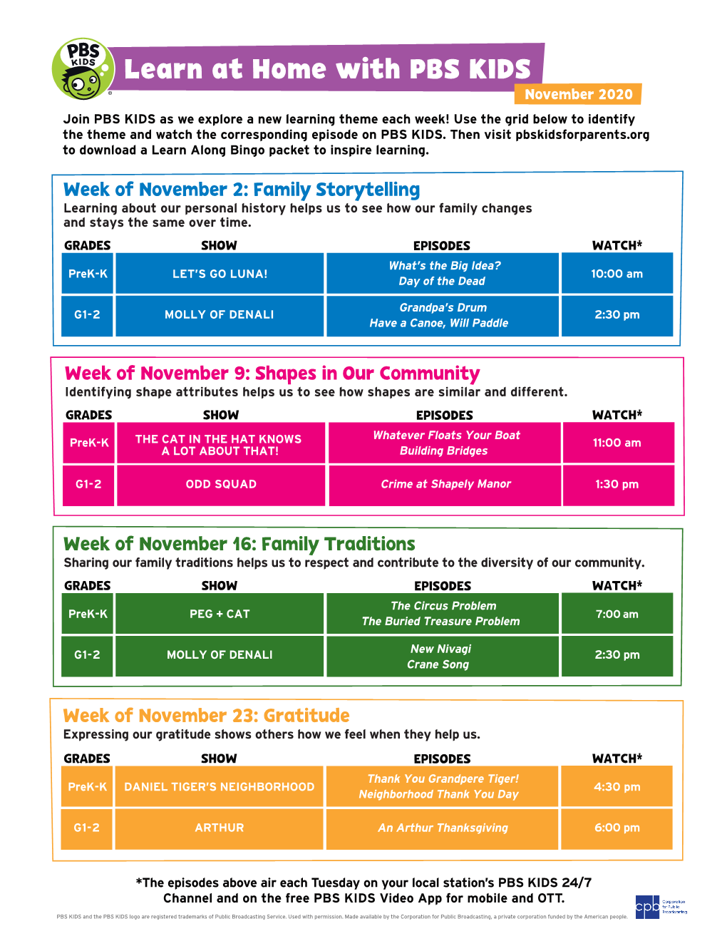 Learn at Home with PBS Kids November Weekly Schedule