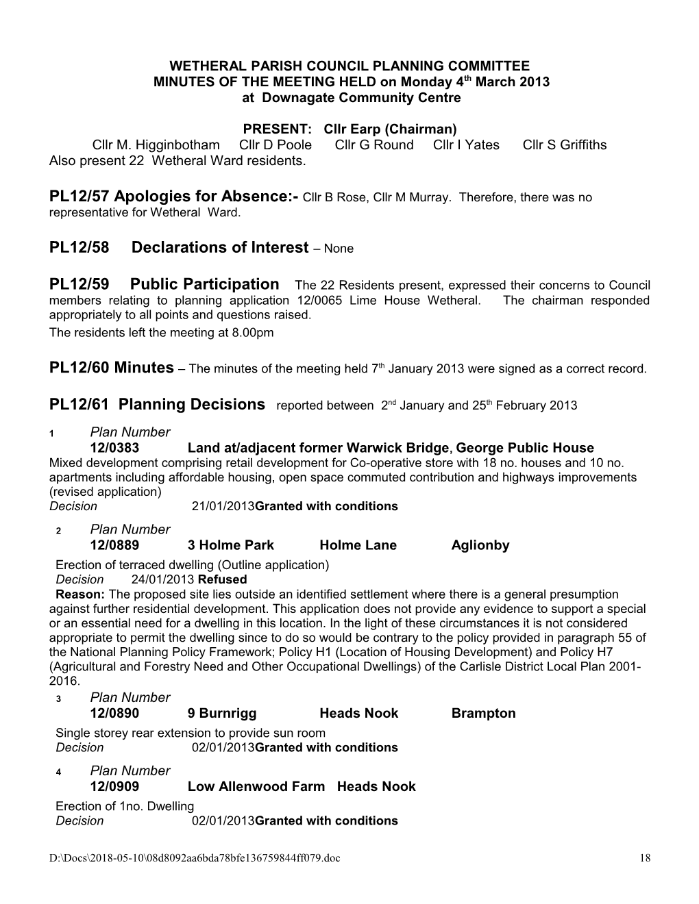 Wetheral Parish Council Planning Committee