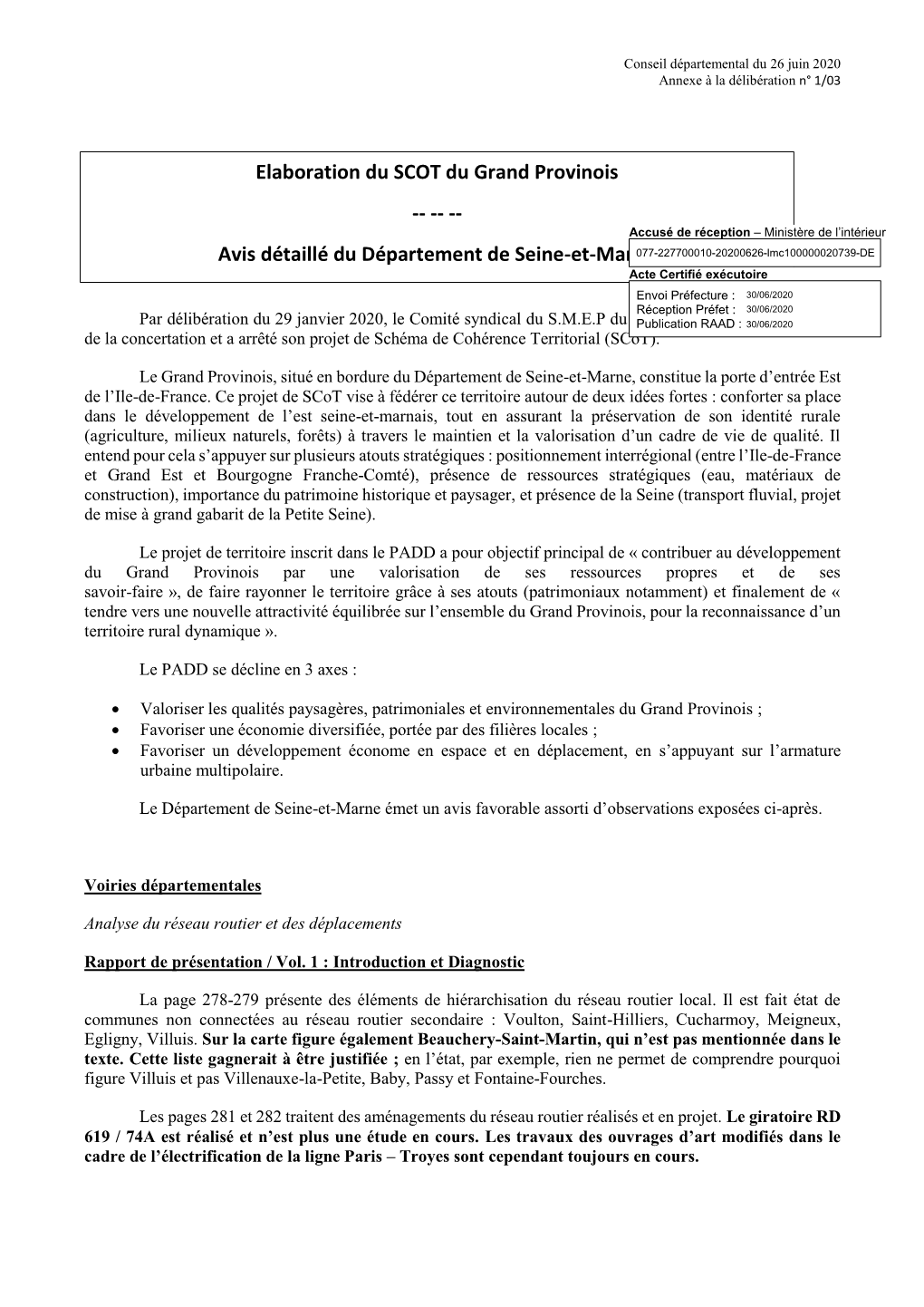 Elaboration Du SCOT Du Grand Provinois ---Avis Détaillé Du Département De Seine-Et-Marne