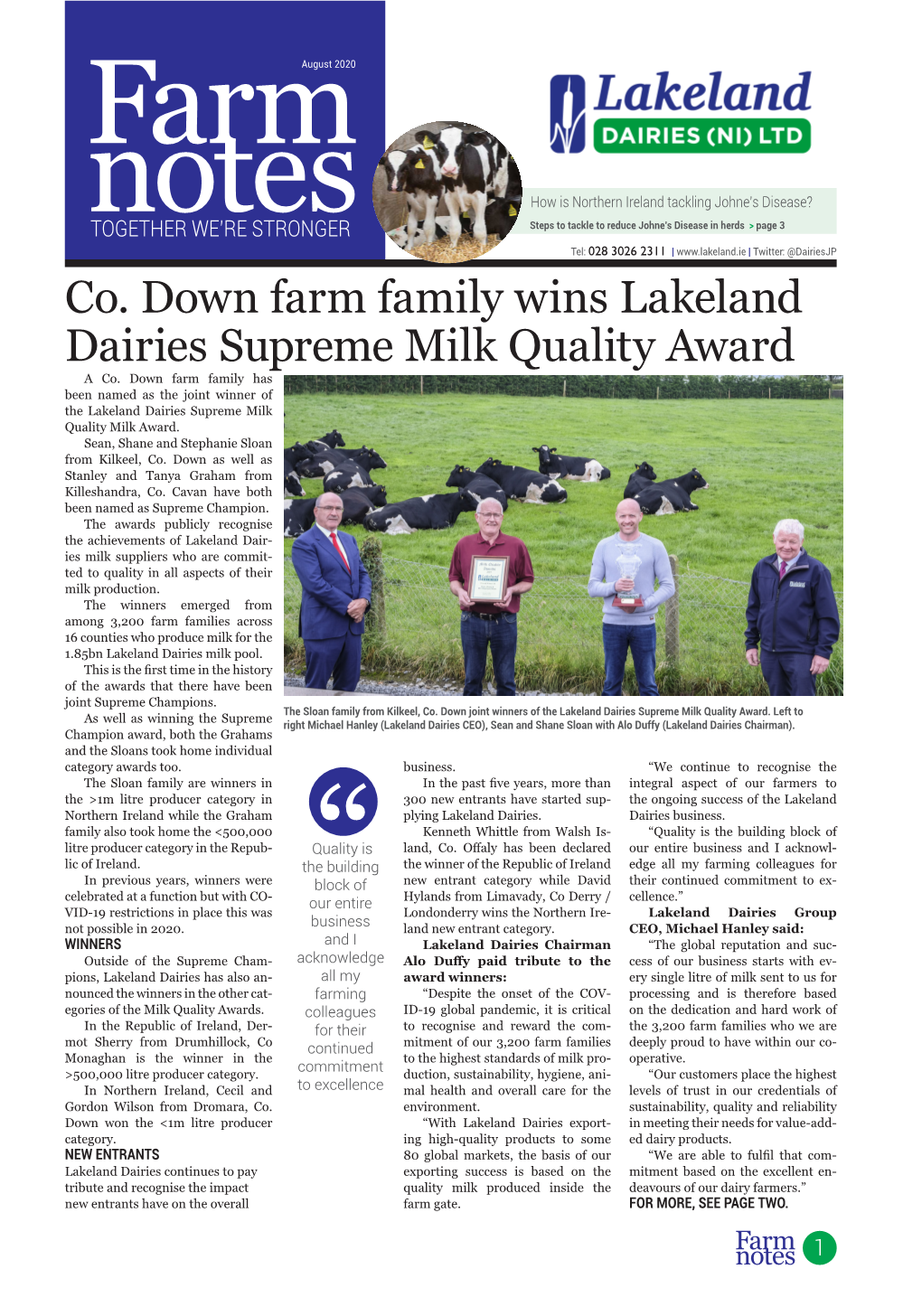 Co. Down Farm Family Wins Lakeland Dairies Supreme Milk Quality Award a Co