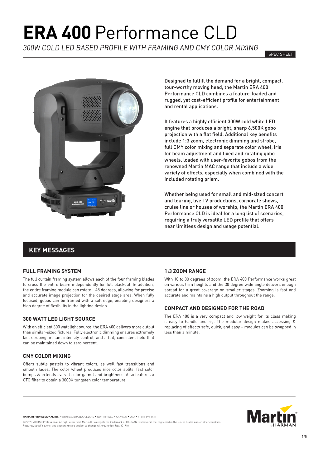 ERA 400 Performance CLD 300W COLD LED BASED PROFILE with FRAMING and CMY COLOR MIXING SPEC SHEET