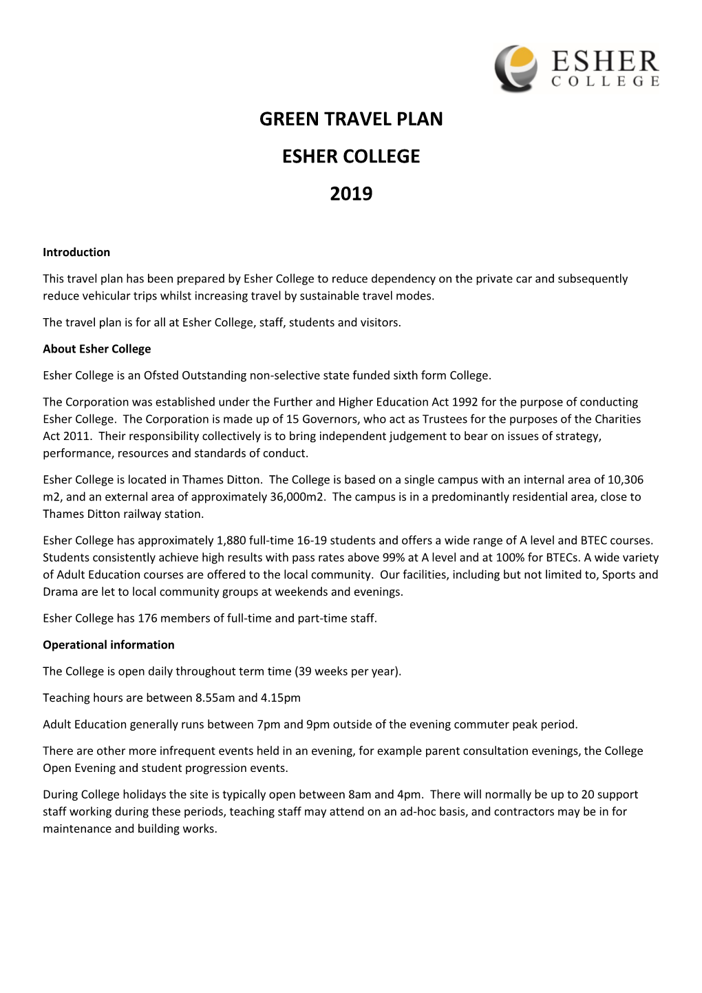 Green Travel Plan Esher College 2019