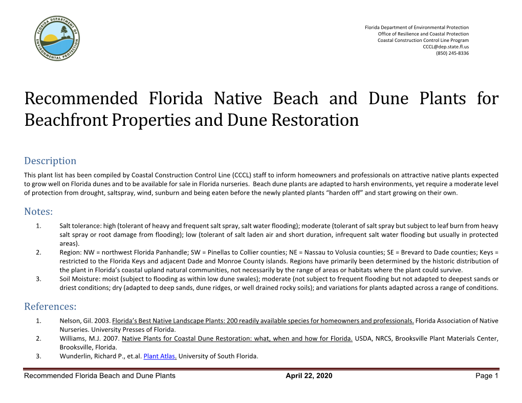 Recommended Florida Native Beach and Dune Plants for Beachfront Properties and Dune Restoration