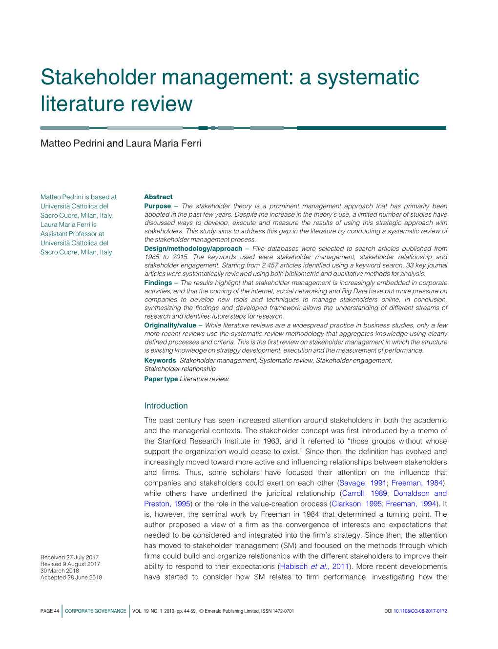 Stakeholder Management: a Systematic Literature Review