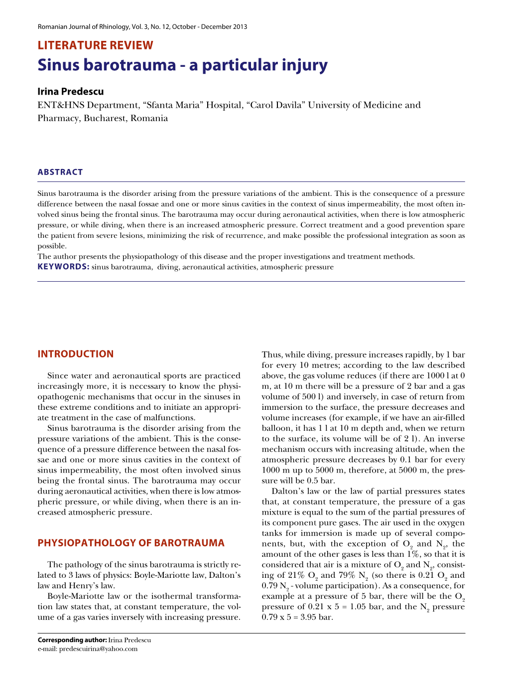 Sinus Barotrauma - a Particular Injury