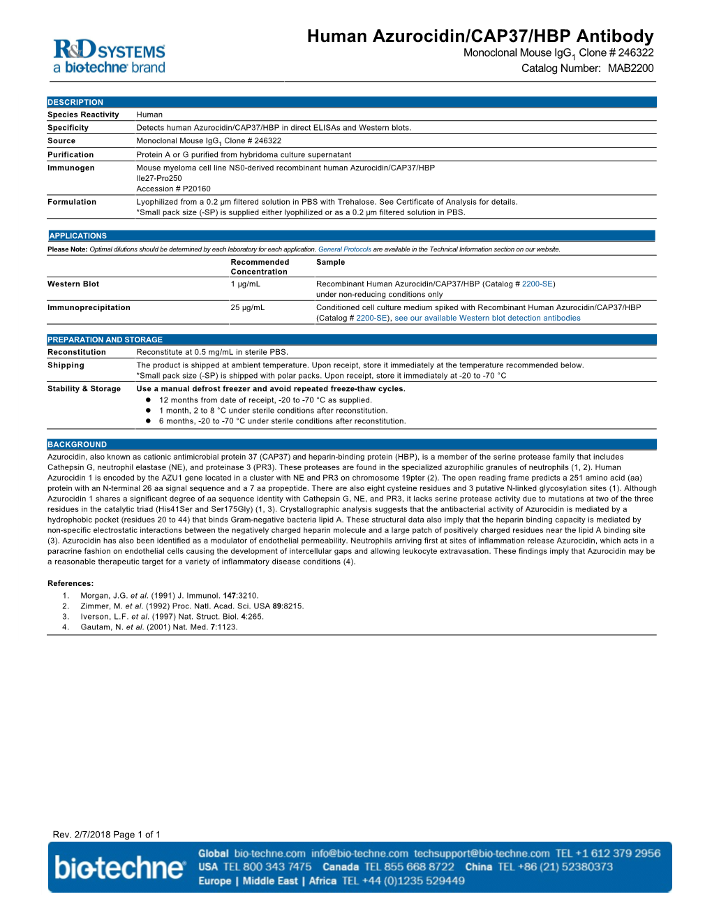 Human Azurocidin/CAP37/HBP Antibody