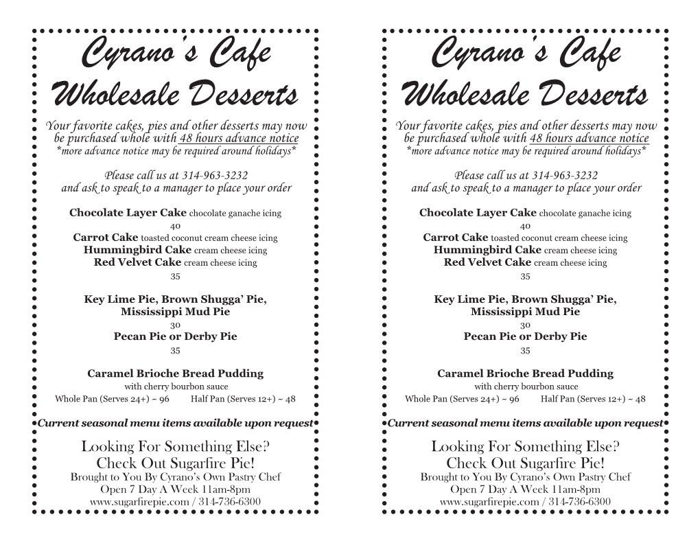 Cyrano's Cafe Wholesale Desserts Your Favorite Cakes, Pies and Other