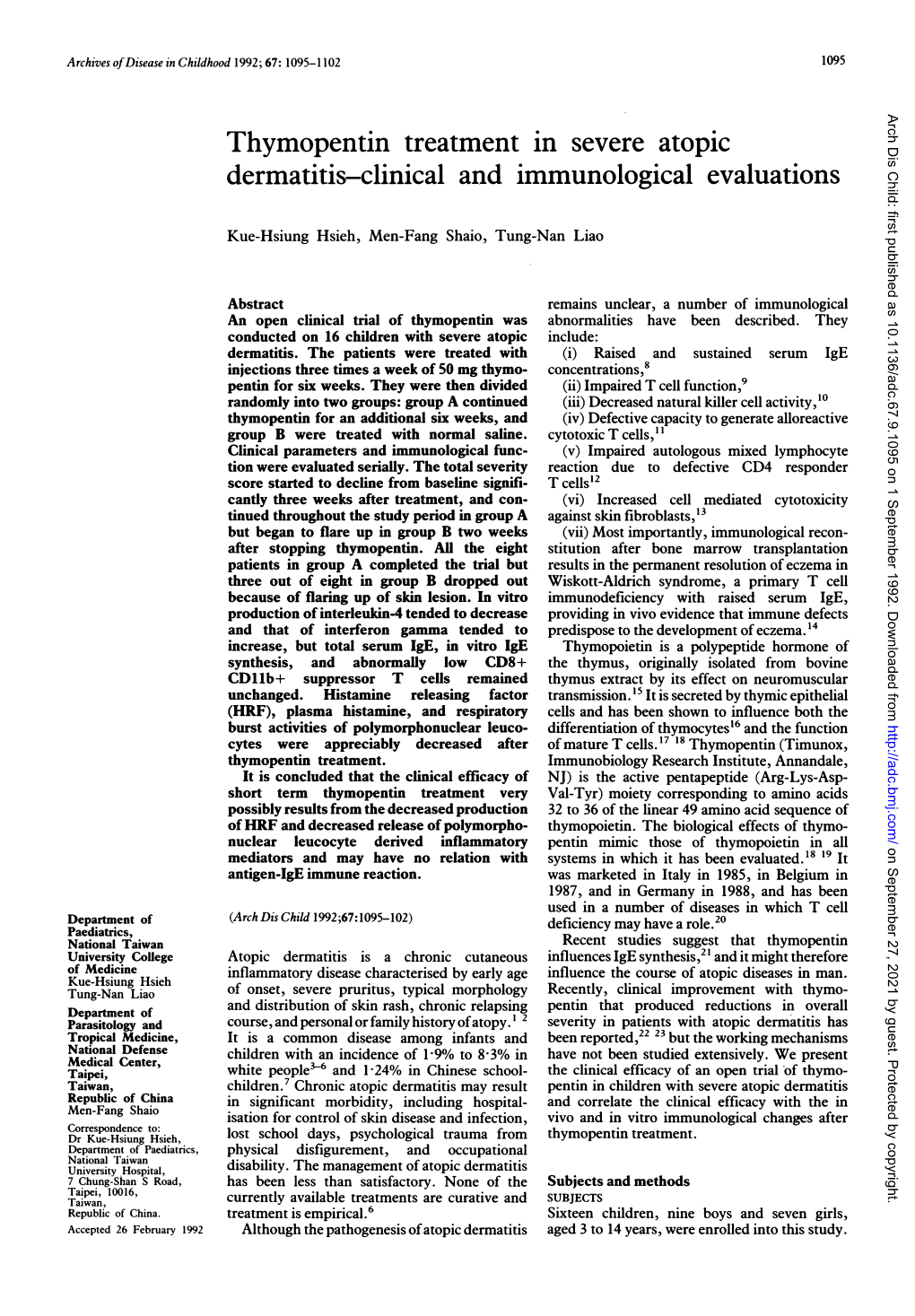 Thymopentin Treatment in Severe Atopic Dermatitis-Clinical and Immunological Evaluations