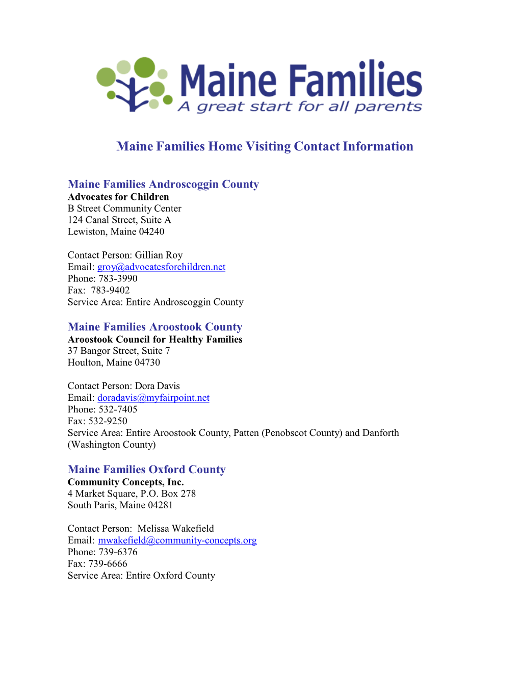 Maine Families Home Visiting Contact Information