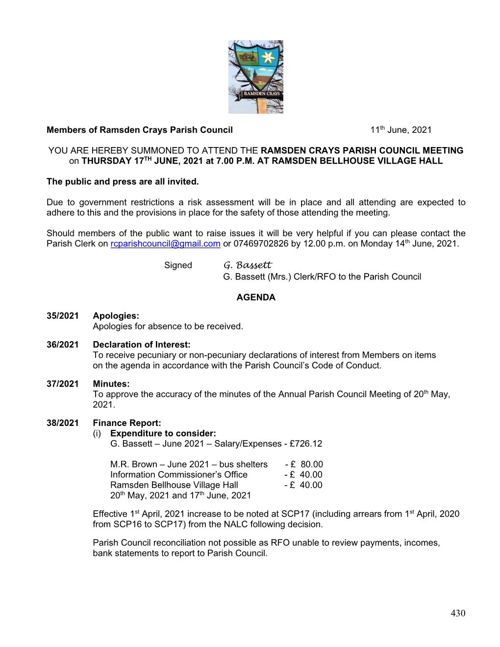 7.00 P.M. Ramsden Crays Parish Council Agenda