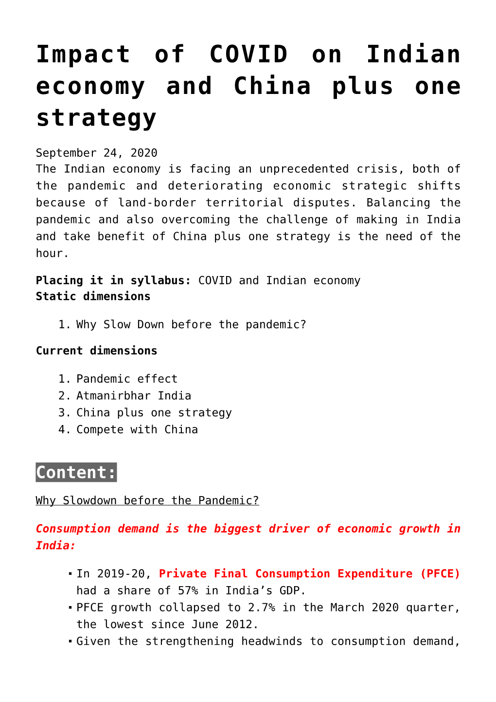 Impact of COVID on Indian Economy and China Plus One Strategy