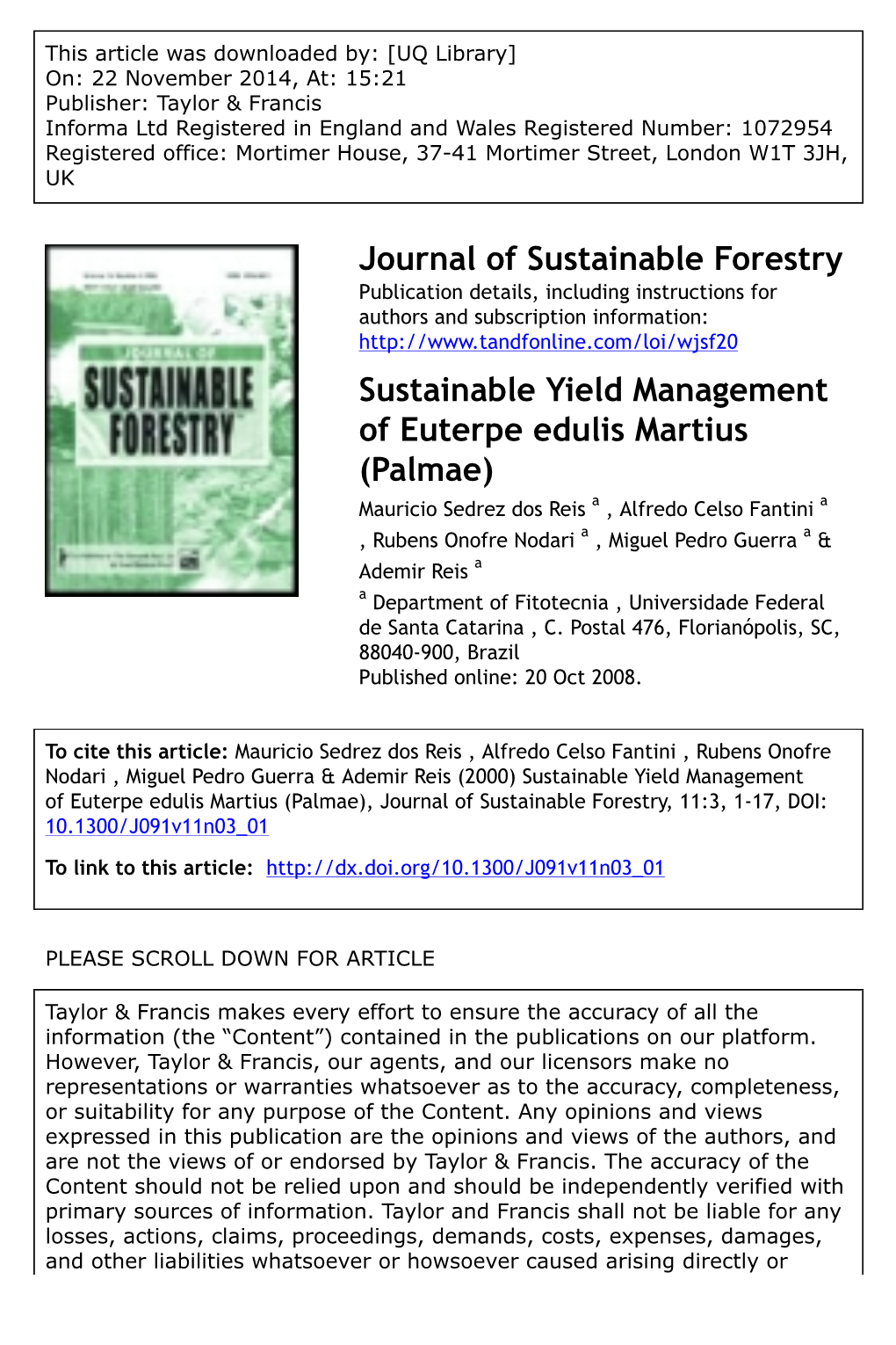 Journal of Sustainable Forestry Sustainable Yield Management Of