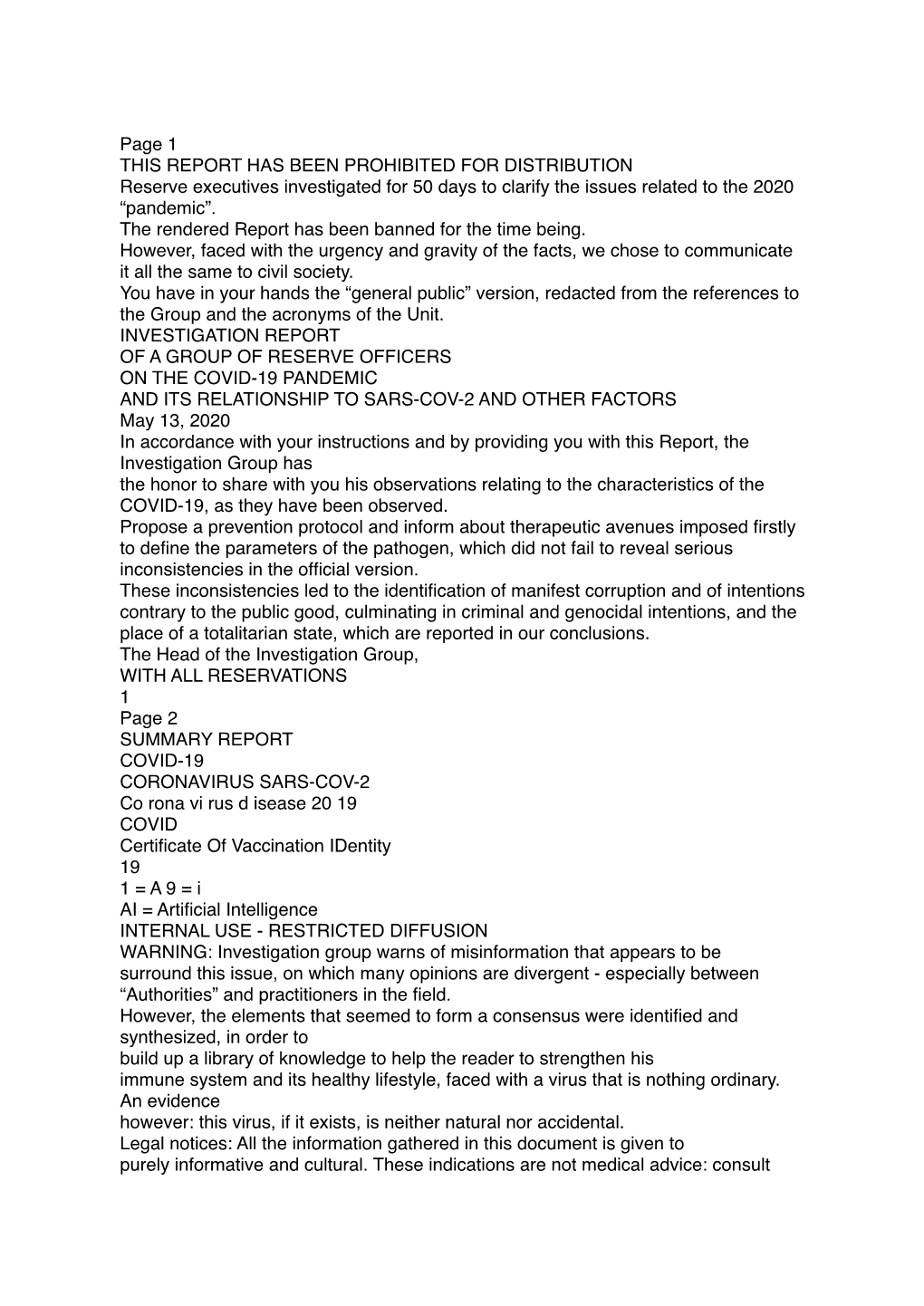 Page 1 THIS REPORT HAS BEEN PROHIBITED for DISTRIBUTION Reserve Executives Investigated for 50 Days to Clarify the Issues Related to the 2020 “Pandemic”