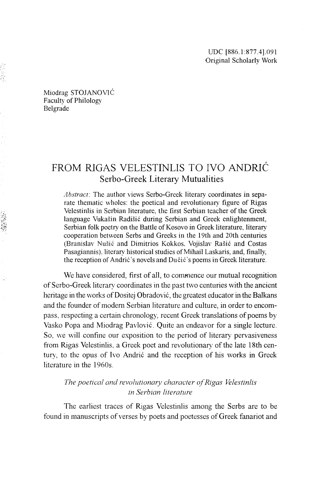 FROM RIGAS VELESTINLIS to IVO ANDRIC Serbo-Greek Literary Mutualities