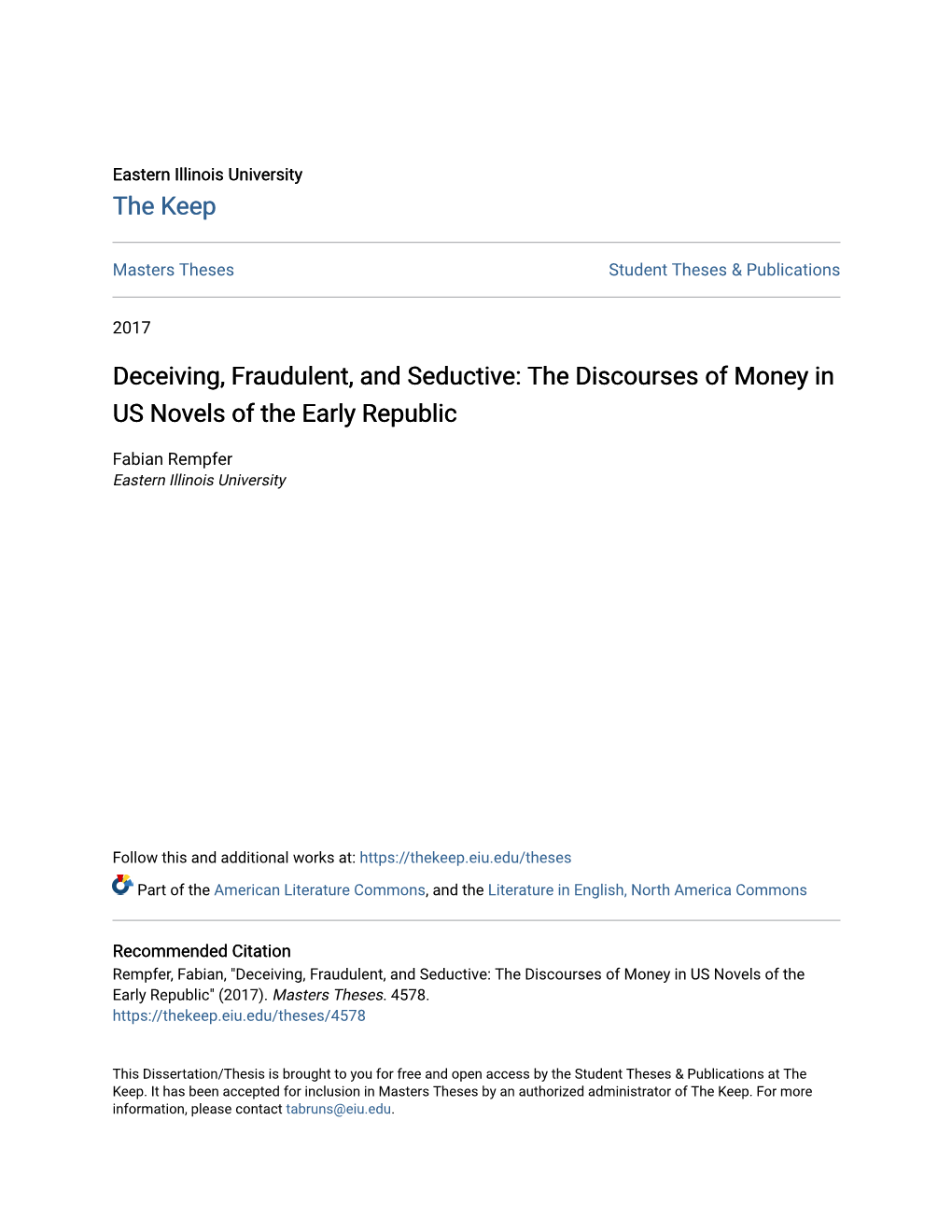 Deceiving, Fraudulent, and Seductive: the Discourses of Money in US Novels of the Early Republic